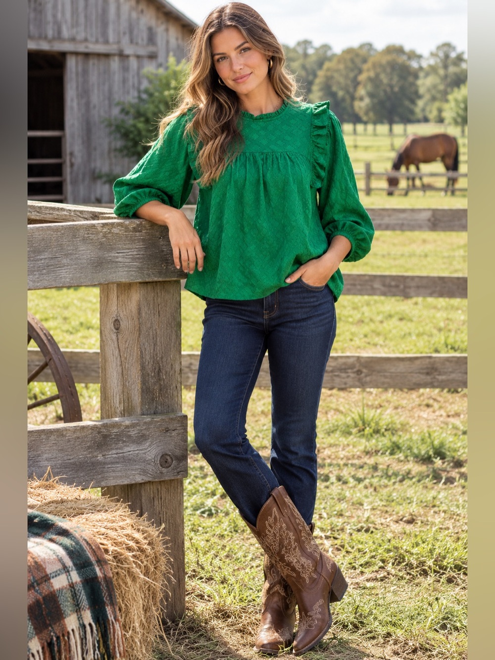 One world clothing emerald green Cottagecore cotton blouse.  Puff sleeve size L